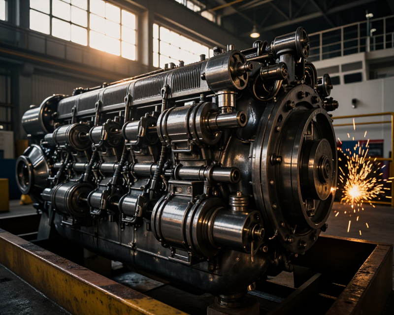 Powerful Marine Engine in High-tech Shipyard